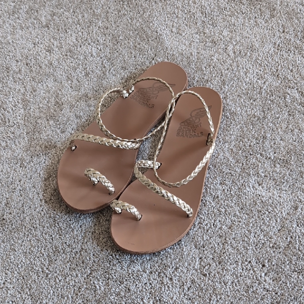 Ancient Greek Sandals Braided Gold and Tan Leather Flat Sandals